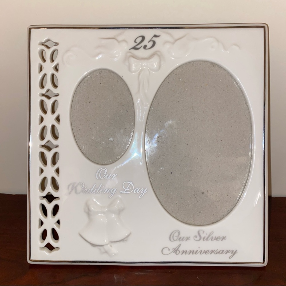Silver 25th Anniversary Two Photo Porcelain Picture Frame Vintage Gift Wedding